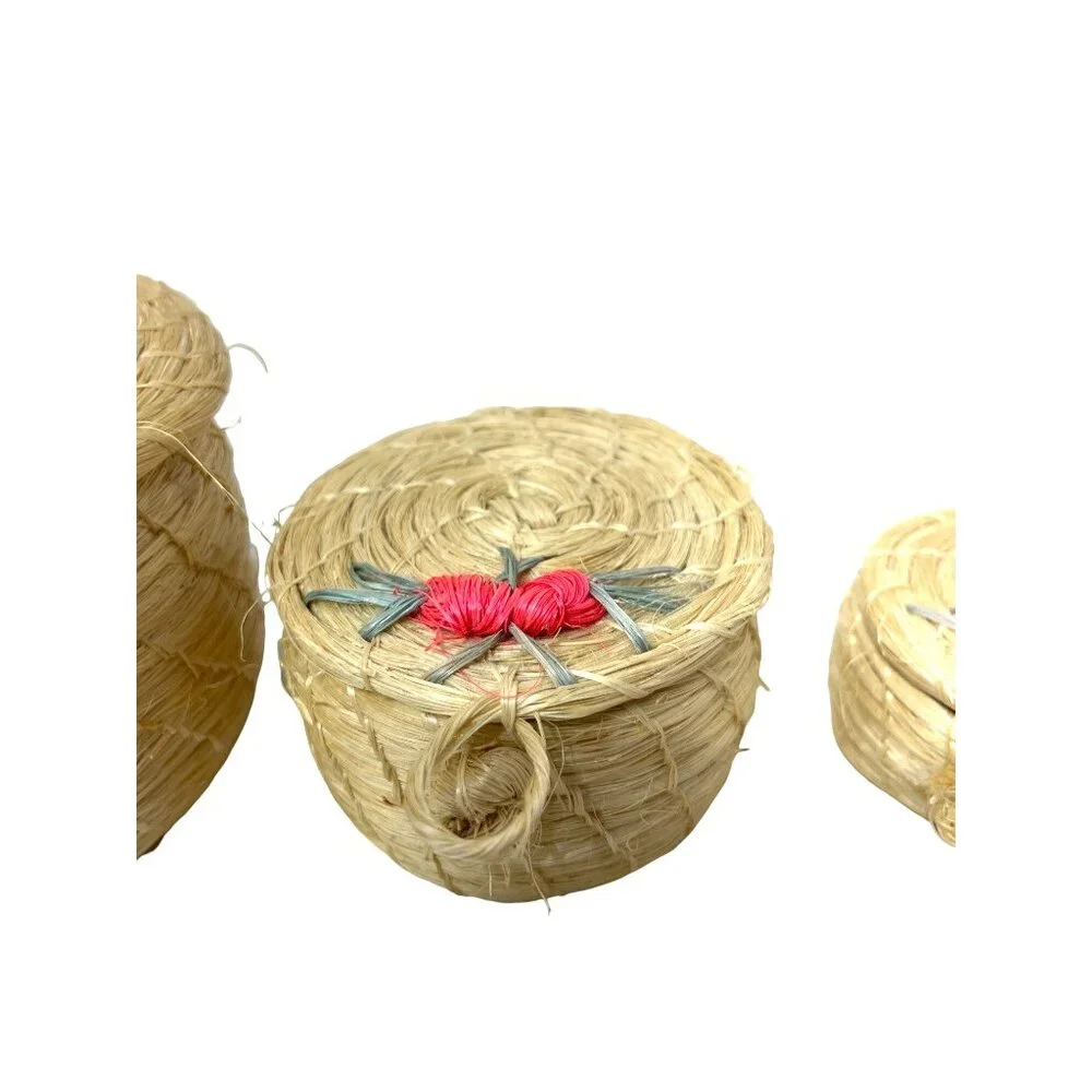 3 Miniature Straw Nesting Baskets Floral Vintage
